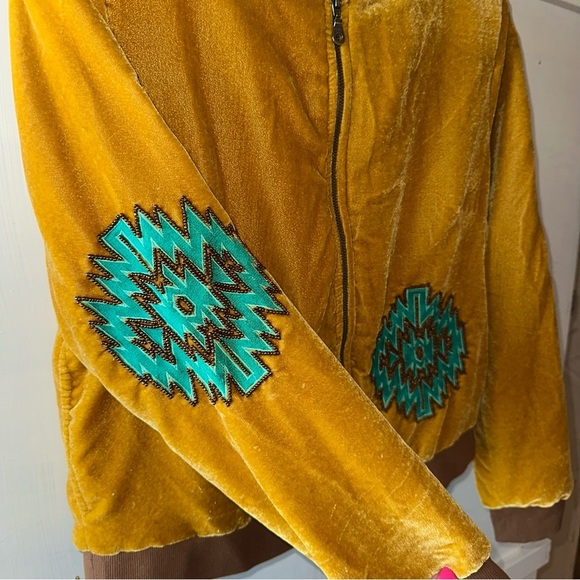 Crazy Train Mustard Velvet Like Bomber Jacket with Bucking Horse & Teal Accents - Picture 8 of 11